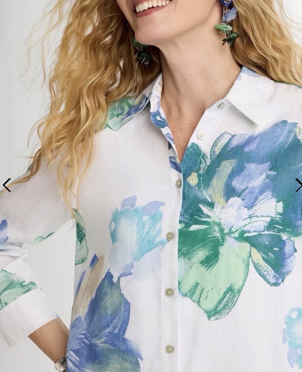 Chico's 1 medium 8 100% Linen Artsy blouse vacation beach resort quiet luxury